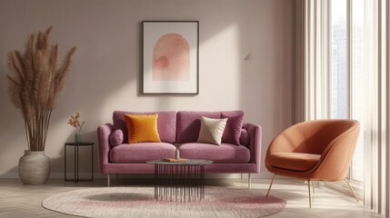 Modern Living Room Interior Design with Pink Sofa Orange Armchair and Abstract Artwork