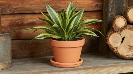 Green Yellow Indoor Plant in Terracotta Pot on Wooden Shelf