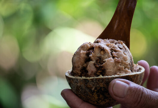 A man is using a spoon to scoop up Limonia or Feronia limonia (L.) Swingle fruit pulp on natural background.