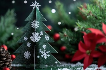 Obraz premium 3D-printed Christmas tree on a stand, with a green glittery surface, white decorations, and red flowers in the background