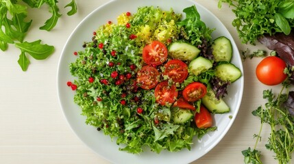 Fresh Green Salad with Tomatoes Cucumber and Herbs on White Plate