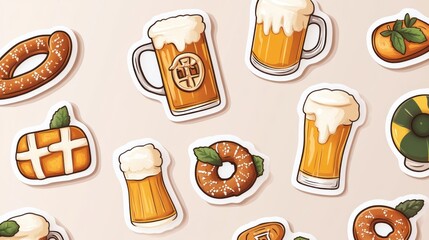 A collection of cartoon stickers featuring pretzels, beer, and other traditional Oktoberfest foods on a beige background.