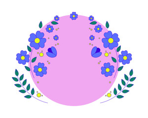 Round pink shape surrounded by spring flowers leaves branches cartoon flat illustration. Circular backdrop floral blossom botanical 2D frame isolated on white background. Vector colorful image