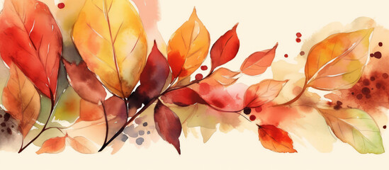 Warm Autumn Watercolor, Banner With of Red and Orange Leaves