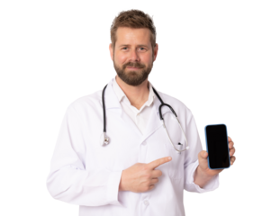 Young smiling male doctor showing screen mobile phone isolated on white background. Medical concept.