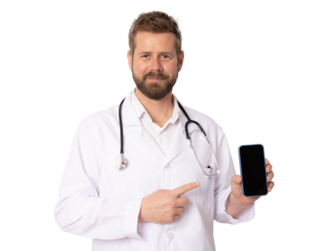 Young smiling male doctor showing screen mobile phone isolated on white background. Medical concept.