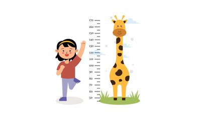 Cute Little Girl Measuring Her Height with Cute Animal Growth Ruler on White Background Illustration