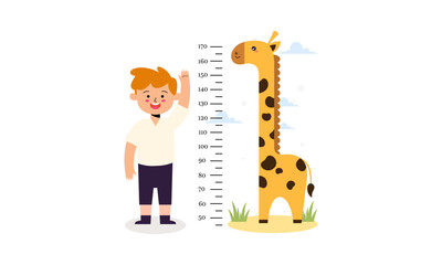 Cute Little Boy Measuring His Height with Cute Animal Growth Ruler on White Background Illustration