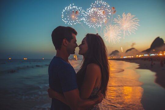 A couple embraces on the beach during a firework display, celebrating a romantic New Year's Eve. The glowing reflections on the water and the evening sky add to the festive atmosphere