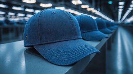 Blue Baseball Caps Lined Up on a Shelf in a Factory
