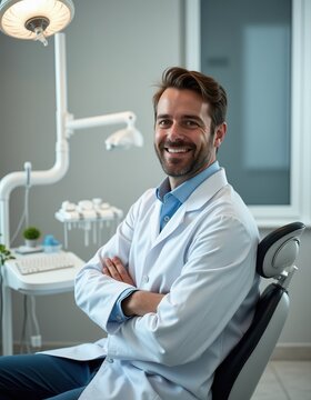 Smiling denist in a modern, bright office, wearing a white coat and glasses, exuding professionalism and warmth.