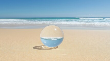 Crystal ball reflecting ocean waves on sandy beach
