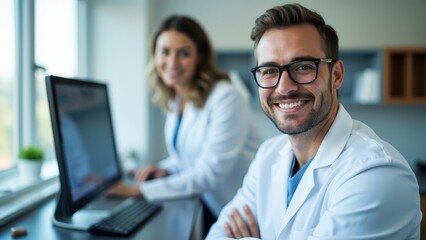 Obraz premium Smiling denist in a modern, bright office, wearing a white coat and glasses, exuding professionalism and warmth.
