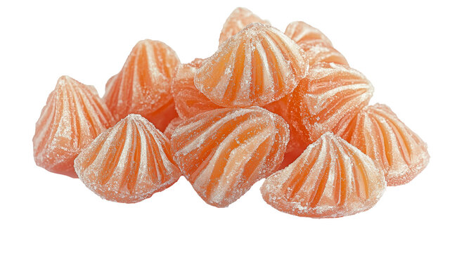 A pile of orange hard candies isolated on transparent white background