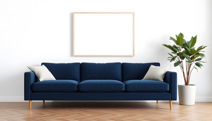 Blank Frame on Living room wall with Navy Sofa and Green Plant