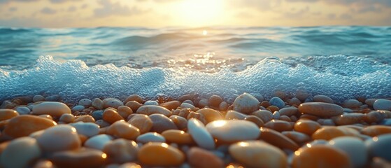 Obraz premium Ant's Perspective on Shoreline Pebbles, Soft Waves Lapping, Tranquil Coastal Scene, Nature's Intricate Textures and Patterns