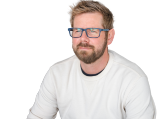 Young handsome man wearing glasses smiling over transparent background.