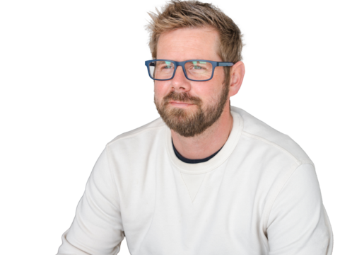 Young handsome man wearing glasses smiling over transparent background.