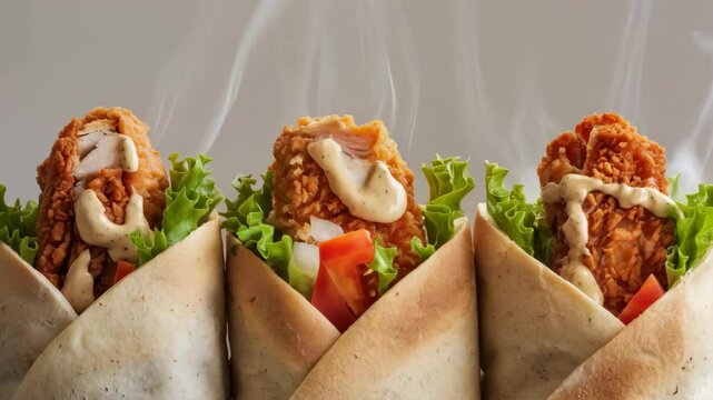 Three wraps filled with crispy chicken, lettuce, and tomato, emitting steam.
