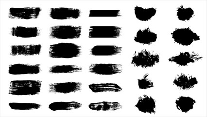 Set of black paint, ink brush, brush strokes, brushes, brush splashes, lines, frames. Dirty element design, box, grunge, texture or background for text. Vector illustration. Shapes for your design