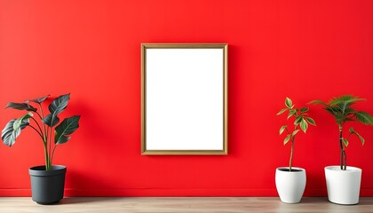 Blank Wooden Frame on Red Wall, and between Green Plants