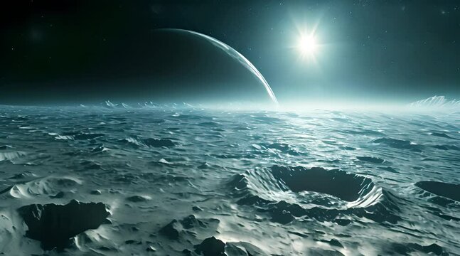 Panning shot of a rocky moon with its planet and a distant moon in the background