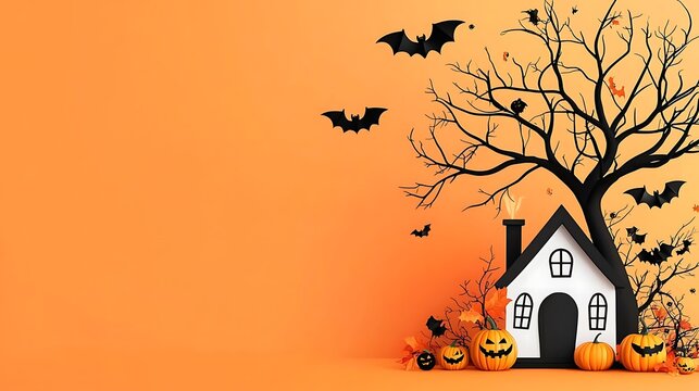 Cute Halloween House with Pumpkins and Bats