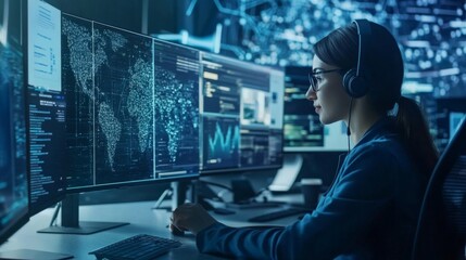 Woman Analyzing Data on Multiple Computer Screens