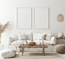 Minimalist living room interior with a white sofa. two framed pictures. a wooden coffee table. and a pampas grass in a vase