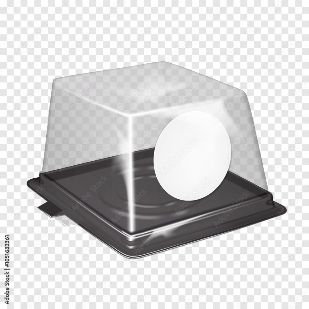 Wall mural square plastic cake carrier box with clear dome lid and white blank round label sticker. realistic 3