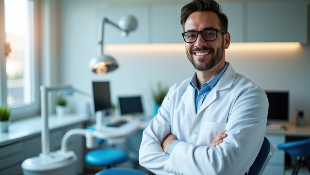 Cheerful denist in a white coat, posing confidently in a stylish dental clinic.