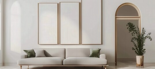 Fototapeta premium Modern living room interior with a white couch. three empty frames. and a plant in a pot next to an arched doorway