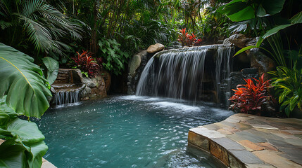 Naklejka premium A tropical waterfall surrounded by exotic plants, with a natural swimming pool inviting visitors to take a refreshing dip 