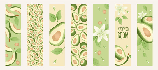 Summer sale banner. Hello summer. Set summer, spring bookmarks. Avocado slice, leaves, flowers. Healthy vegan food.