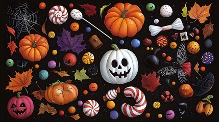 Colorful Halloween Elements with Pumpkins and Candy