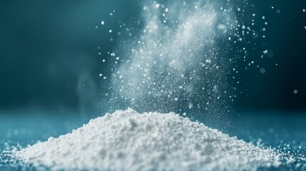 sifting flour on blue table