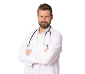Young smiling male doctor posing with arms folded isolated on transparent background.