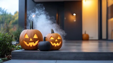 Fototapeta premium Spooktacular halloween decorations with festive pumpkins and eerie fog for a perfect autumn atmosphere