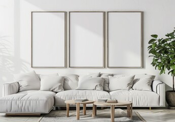 A minimalist living room with a white sofa. three empty frames. and a potted plant The room is bathed in natural light. casting soft shadows on the walls and furniture The simple design creates a sere