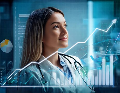 Female doctor analyzing growing healthcare costs with futuristic interface
