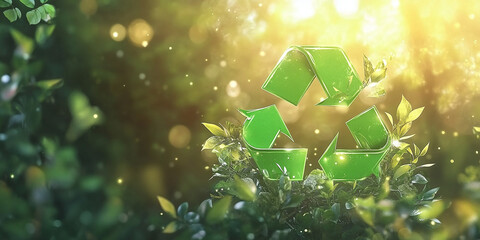 Green recycling symbol hovering over a blurred natural background, representing eco-friendly initiatives and sustainability.