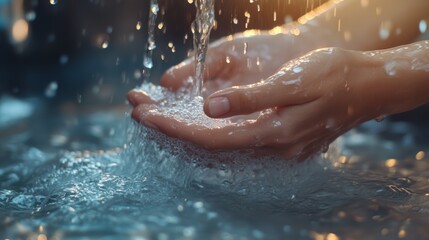 Fototapeta premium Clean Hands Fresh Water Closeup of Hands Washing with Water and Bubbles