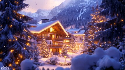 Fototapeta premium Luxurious Lodge in a Snowy Mountain Landscape