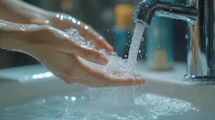 Fototapeta premium Washing Hands with Running Water in a Bathroom Sink