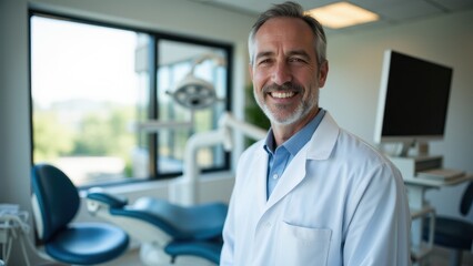 Fototapeta premium Confident denist with a welcoming smile, seated in a contemporary clinic.