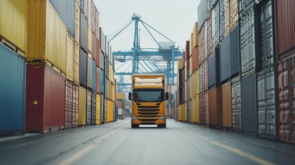 Truck navigating narrow passageway amidst stacks of shipping containers, glimpse into modern logistics