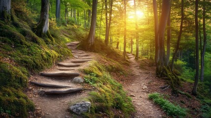 Obraz premium Scenic Hiking Trails Amidst Nature's Soft Light