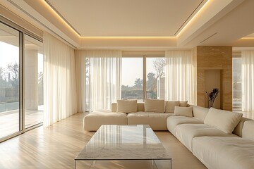 Obraz premium Minimalist, contemporary Scandinavian interiors in the living room with curtained windows and sofas and tables. Generative AI 