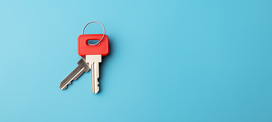 Obraz premium A simple yet captivating arrangement of keys sits against a bright blue background, with a distinctive red keyring adding a pop of color to this everyday object. Generative AI