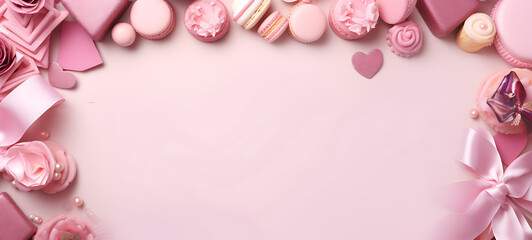 Fototapeta premium A whimsical collection of pink macarons, cakes, ribbons, and flowers creates a charming display ideal for a celebration filled with sweetness and love. Generative AI